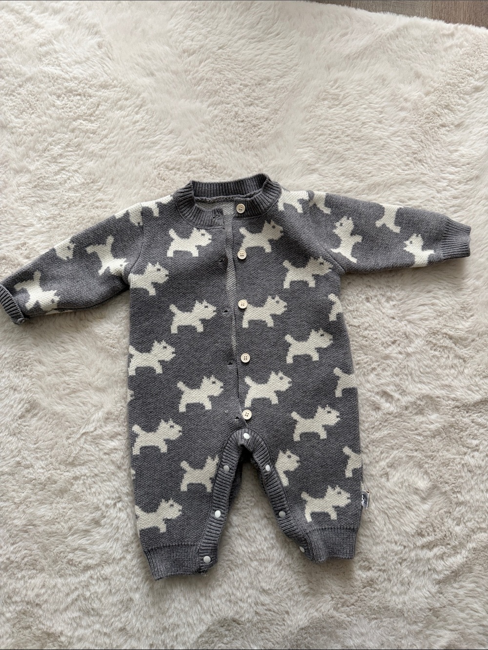 Gray Knit Baby One-Piece with White Dog Pattern